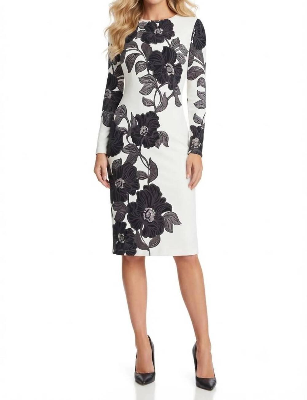 NEW MAGGY LONDON floral print long sleeve sheath dress in black